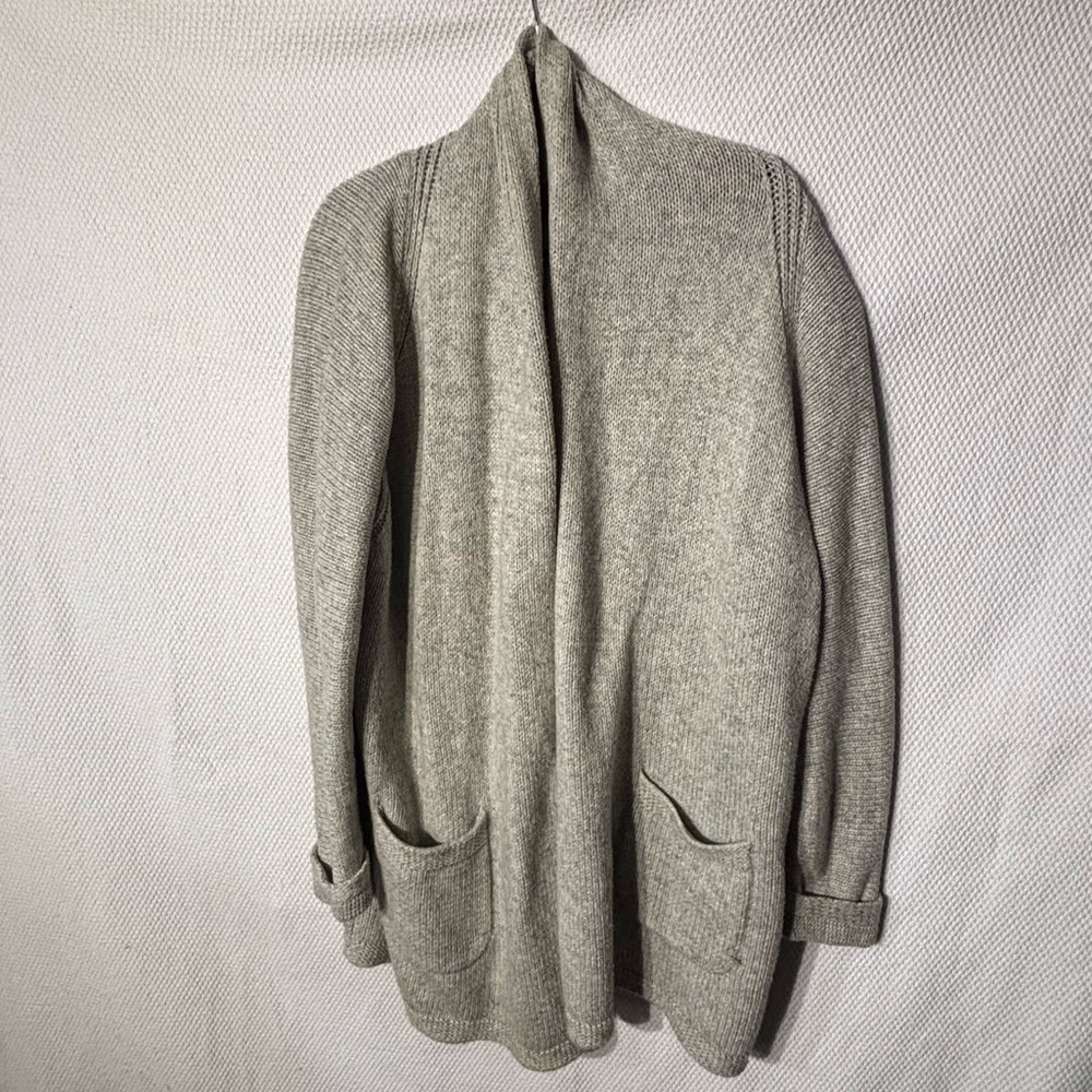 J CREW Sz XL Open-Front Light Grey Knit Cardigan Cotton Nylon Merino Wool Blend
